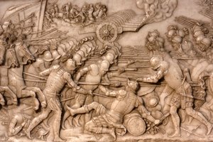 Szent Dénes-bazilika, Ferenc 1. francia király és Claude Franciaország sírja, az Alapítvány alacsony domborműve, Az 1515-ös marignói csata ábrázolása – a franciák és tüzérségeik a régi svájci konföderációval szemben, Saint-Denis, Franciaország alkotó: Unbekannt