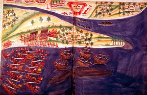 Csata muzulmánok és portugálok között Suratban, Gujarat állam Bombay közelében, India, XVI. század alkotó: Unbekannt