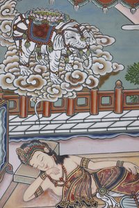 Siddartha Gautama születése előtt édesanyja egy fehér elefántról álmodott, aki lótuszvirágot ajándékoz neki, Szöul, Coree du Sud alkotó: Unbekannt