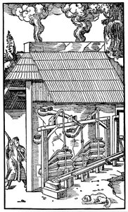Az olvasztókemence huzatát biztosító fújtató, 1556 alkotó: Unbekannt