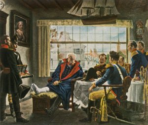 Blücher birtokba veszi a Napóleon-érmeket és a kalapot, miután...Waterloo, 1815. június 18., 1936. alkotó: Unbekannt