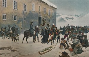 Bonaparte-ot a Szent Bernát-hegy szerzetesei fogadták. Alpok átvonulása, 1800. május 1896 alkotó: Unbekannt