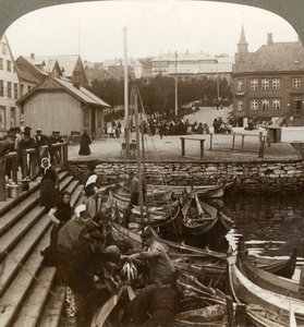 Halvásárlás egy forgalmas sarkvidéki kereskedelmi kikötőben, Tromsoe 69° 38 N. Lat., Észak-Norvégia, 1902. alkotó: Unbekannt