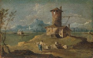 Capriccio szigettel, toronnyal és házakkal, 18. század. alkotó: Unbekannt