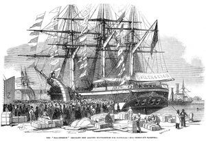 Caroline Chisholm beszédet mond a tömeghez a Ballengeich emigráns hajóról, 1852 alkotó: Unbekannt