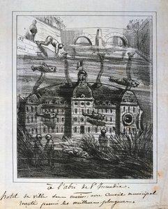 Rajzfilm javaslat a Hotel de Ville víz alatti újjáépítésére a tűz megelőzése érdekében, Párizs Kommün, 1871. alkotó: Unbekannt