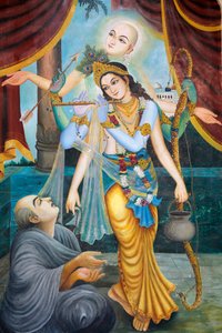 Csaitanja Mahaprabhu, a 15. századi vaisnava szent és társadalmi reformátor – A vaisnava azt jelenti, hogy Vishnu vagy Krisna tiszteletét tisztelik (Krisna, aki fuvolán játszik, Visnu egyik avatárja) Vrindavan Inde alkotó: Unbekannt