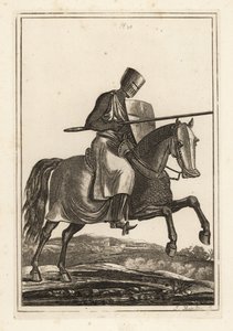 12. és 13. századi töltőlovag láncpántos hauberkben, lapos sisakban, lándzsában, fűtőpajzsban, sípcsontpáncélos jamesonokban, hadinyeregben alkotó: Unbekannt