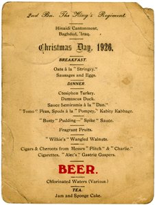 Karácsony napi menü, 2. zászlóalj, a királyok ezred, Irak, 1926 alkotó: Unbekannt