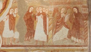 Templom (Église Saint-Martin). Belső. Falfestmények (freskó). A hajó nyugati fala. Részlet. A Szűzanya vádja és kijelentése. 12. század. alkotó: Unbekannt