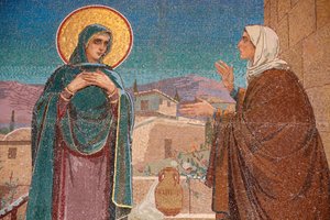 A Megváltó temploma a kiömlött véren vagy a feltámadás temploma ; A látogatás: Mária meglátogatja rokonát, Erzsébetet; Szentpétervár Oroszország alkotó: Unbekannt