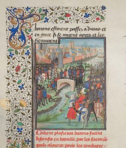A bárók és a szaracénok seregének összecsapása. Türoszi Vilmos miniatúrája a Historiából, 1460-as évek alkotó: Unbekannt