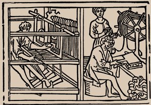 Gyapjú fésülése, fonása, szövése. Rodericus Zamorensis Speculum Vitae Humanae-jából, 1479. alkotó: Unbekannt