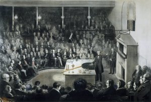 Michael Faraday (1791-1867) fizikus előadása a londoni királyi intézmény előtt 1855. december 27-én Albert szász-cobourg-i herceg (Saxe-Cobourg-Gotha) jelenlétében. alkotó: Unbekannt
