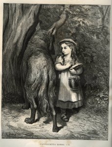 Az erdőn átkelve a kis piros lovagló találkozik a farkassal. Gustave Dore (1832-1883) metszete Charles Perrault (1628-1703) „Les contes” című könyvéből alkotó: Unbekannt
