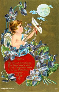 Ámor egy nyílra lő, szerelmes levelet hordozó amerikai Valentin-kártya, 1908 alkotó: Unbekannt