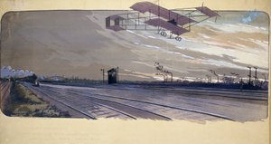 A repülés kezdete: Louis Paulhan (1884-1963) áthalad egy vasúti sínen kétfedelű repülőgépén a 300 km-es London/Manchester egyenes vonalú versenyen 1910. április 27-én és 28-án. alkotó: Unbekannt