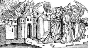 Szodoma és Gomora földrengés általi elpusztítása, 1493 alkotó: Unbekannt