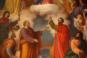 Részlet egy festményről a Basilica di Maria Ausiliatrice-ben, amelyen Szent Péter és Szent Pál látható, Torinóban, Olaszországban alkotó: Unbekannt