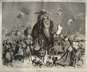 Szamárbőr: a karosszus és a menyasszonyi kortezs. Gustave Dore (1832-1883) metszete Charles Perrault (1628-1703) „Les contes” című könyvéből alkotó: Unbekannt