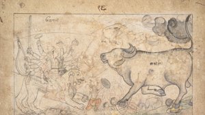 Durga szembeszáll a Buffalo Demon Mahishával: Jelenet a Devi Mahatmya-ból, Ka. 1780. alkotó: Unbekannt