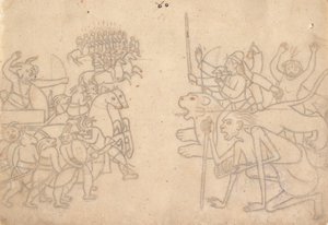 Durga és Kali megközelítik Chanda és Munda összegyűjtött seregeit... a Devi Mahatmya, 1780 körül. alkotó: Unbekannt