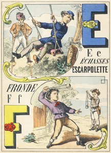 E F : echasses, escarpolette, fronde - Games Alphabet, 1890 körül (illusztráció) alkotó: Unbekannt