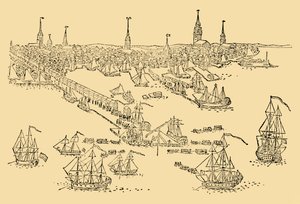 Angol hadihajók Bostonban, ahol a Tea-party zajlott 1768-ban, 1930 körül. alkotó: Unbekannt
