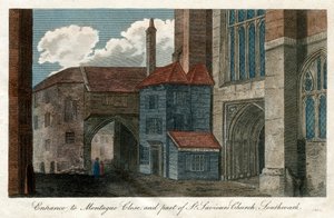 A Montague Close bejárata és a St Saviors Church egy része, Southwark, London, 1814 alkotó: Unbekannt