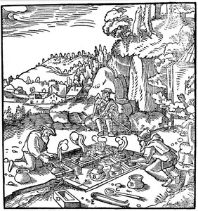 Sós edények párologtatása természetes melegvízforrásban, hogy sót nyerjenek, 1556 alkotó: Unbekannt