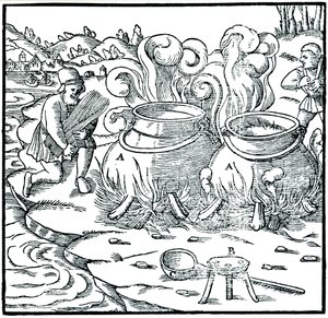 Tengervíz elpárologtatása vasedényekben só előállítására, 1556 alkotó: Unbekannt