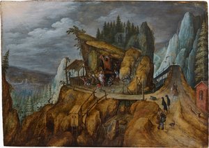 Fantasztikus sziklás táj Szent Antal megkísértésével, 1600. alkotó: Unbekannt