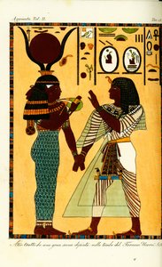 Hathor egyiptomi istennő alakja I. Széti királlyal thébai sírjából, Giovanni Battista Belzoni fedezte fel alkotó: Unbekannt