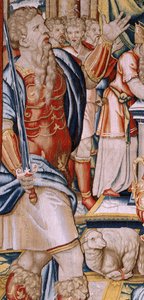 Flamand kárpit. Sorozat Hannibal története. Hannibál esküje (Juramento de Aníbal). A sorozat első gobelinje. Rajzfilmek névtelen mestere Hollandiában. Brüsszeli műhelyek gyártása. Kb. 1570. Szövet Gyapjú és selyem, 6,5/7 lánc per cm. 34-es méret alkotó: Unbekannt