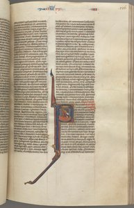 Fol. 136r, IV. királyok, történeti kezdetű P, Aházia lezuhan egy toronyból, kb. 1275-1300. alkotó: Unbekannt