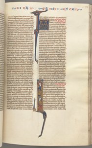 Fol. 199r, Eszter, történész iniciálé, két ülő férfialak, kb. 1275-1300. alkotó: Unbekannt