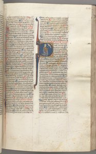 Fol. 218r, 26. zsoltár, történetírás kezdete D, Dávid térdre ereszkedik, és a szemére mutat, Isten mellszobra..., alkotó: Unbekannt