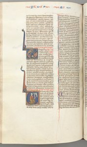 Fol. 358v, Mikeás, történeti kezdetű V, Mikeás térdelve, Isten mellszobra fent, kb. 1275-1300. alkotó: Unbekannt