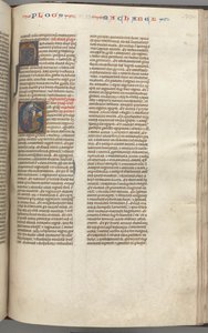Fol. 370r, Makkabeusok I, történeti kezdetű E, Mathathias megöli a bálványimádó zsidót, kb. 1275-1300. alkotó: Unbekannt