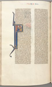 Fol. 412v, Lukács, történetíró kezdeti F, Lukács oltárnál imádkozik, Isten mellszobra fent, c. 1275-1300. alkotó: Unbekannt