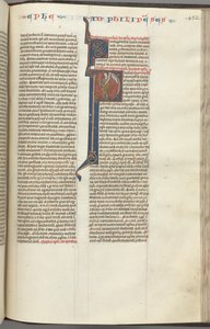 Fol. 452r, filippi, történész kezdetű P, Pál karddal és tekercssel állva beszél alkotó: Unbekannt