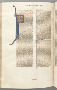 Fol. 453v, Colossians, történeti kezdetű P, Pál állva beszél a fenti Isten mellszobrával, kb. 127 alkotó: Unbekannt