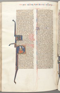 Fol. 455v, Thessalonika II, historikus kezdetű P, Pál karddal ülve..., c. 1275-1300. alkotó: Unbekannt