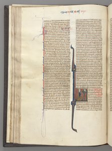 Fol. 46v, Számok, történeti kezdetű L, Mózes szarvakkal, Isten előtt térdelve, c. 1275-1300. alkotó: Unbekannt