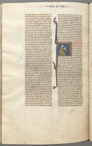 Fol. 482v, Revelations, historikus kezdőbetű A, János íróasztalnál ülve ír..., c. 1275-1300. alkotó: Unbekannt