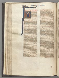 Fol. 62v, Deuteronomium, történeti kezdetű H, Mózes szarvakkal és tekercsekkel prédikál..., c. 1275-1300 alkotó: Unbekannt