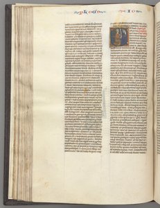 Fol. 76v, Joshua, historikus kezdetű E, Józsué egy tekercssel Isten előtt térdelve, c. 1275-1300. alkotó: Unbekannt