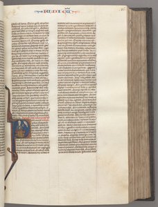 Fol. 86r, Judges, histored kezdeti R, Júda ül egy könyvvel, amely Istennel beszél, kb. 1275-1300. alkotó: Unbekannt