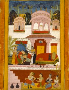 Elhagyott hölgy szobalányokkal, a zenei módot illusztrálva Patamanjari Ragini, 1695-1700 alkotó: Unbekannt