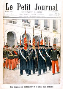 Francia háborús veteránok a madagaszkári és kínai hadjáratok zászlóit viselő, 1901-ben alkotó: Unbekannt